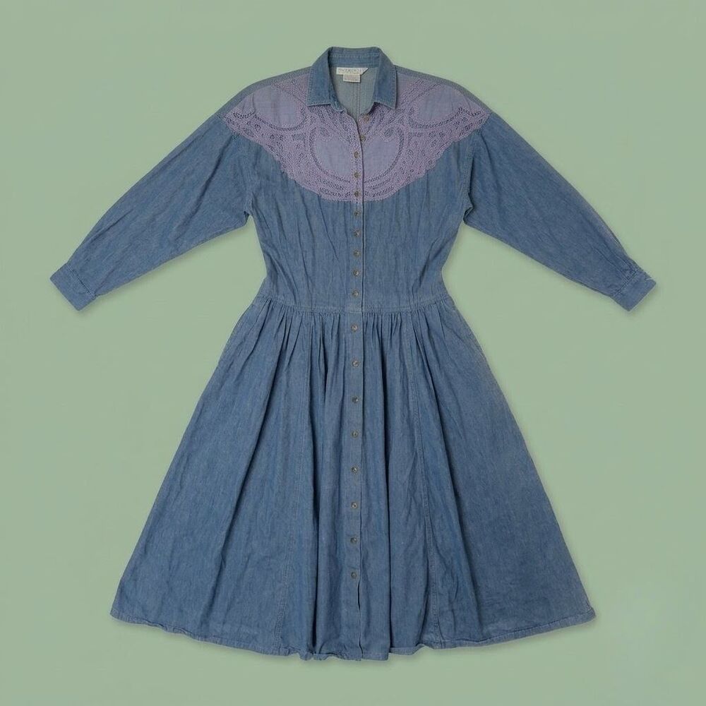 ​Vtg 90s Together! Denim Dress Women's Missy Size S Blue Lace Yoke Cottagecore